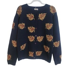 Skyr Sportswear Navy Blue Shetland Wool Leaf Knit‎ Cardigan Sweater Size 38 Med